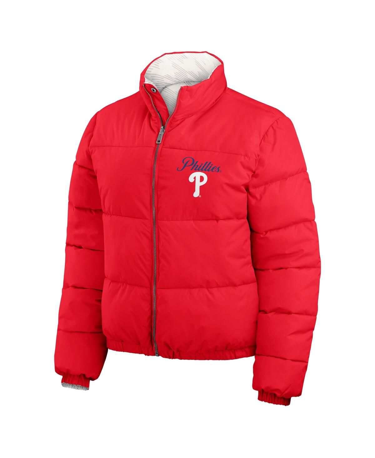 Shop Wear By Erin Andrews Women's Red, White Philadelphia Phillies Reversible Cropped Full-zip Puffer Jacket In Red,white