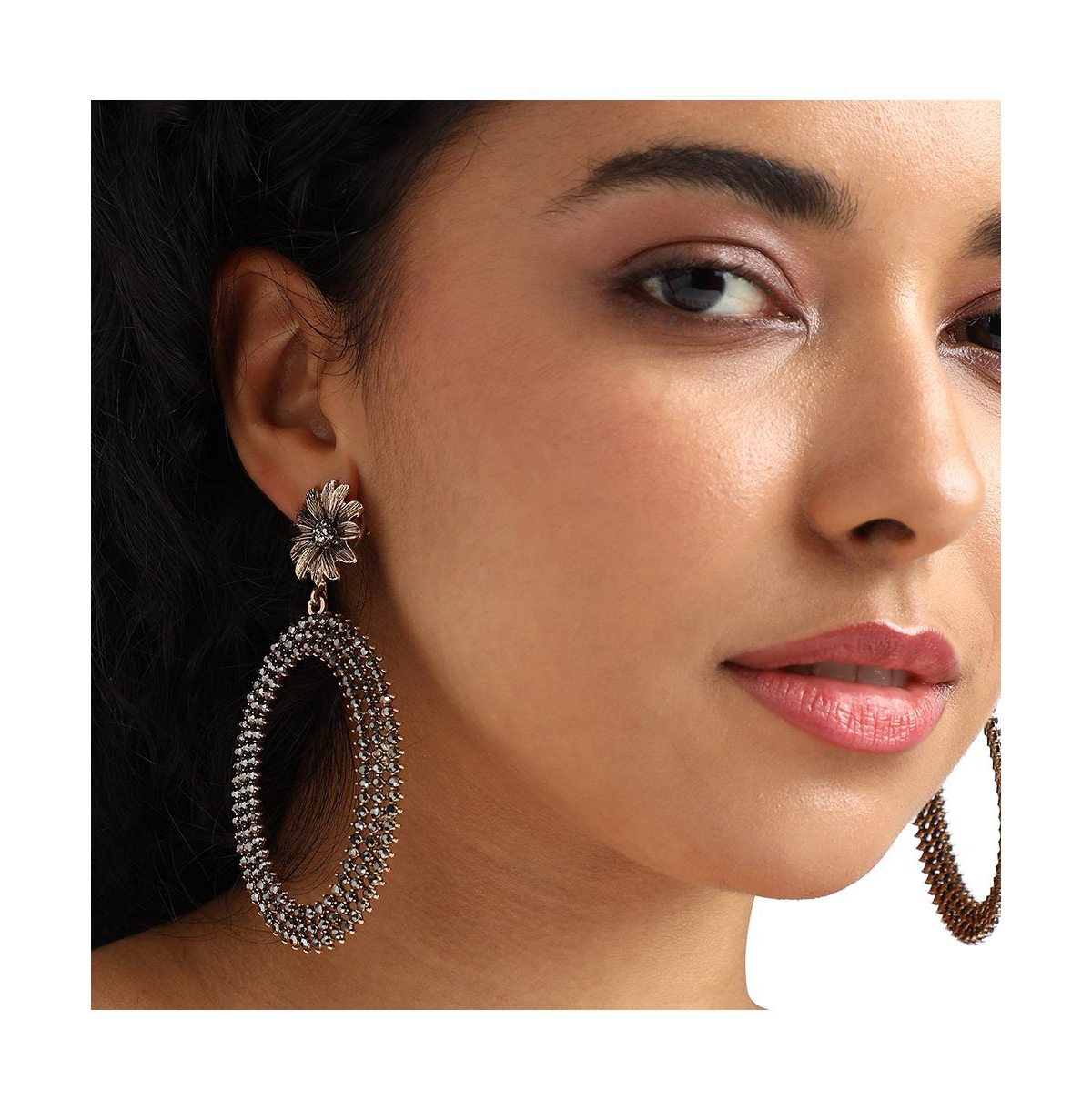 Sohi Maxi Daisy Intricate Oval Drop Earrings In Silver