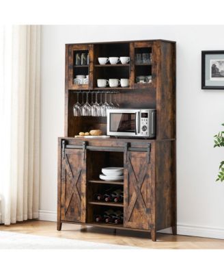 70" Farmhouse Bar Wine Cabinet with Sliding Barn Doors, Coffee Liquor Cabinets with Storage Shelves and Glasses Rack for Kitchen, Dining Room