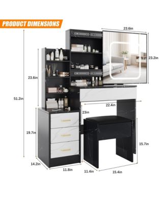 Vanity Desk with Mirror and LED Lights, Makeup Vanity Desk with Sliding Lighted Mirror, Power Outlet, Dressing Table with 4 Drawers