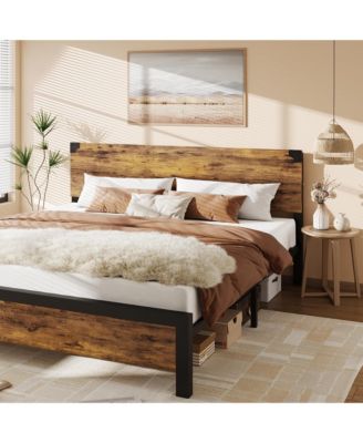 King Size Bed Frame with Wood Headboard, King Platform Bed Frame