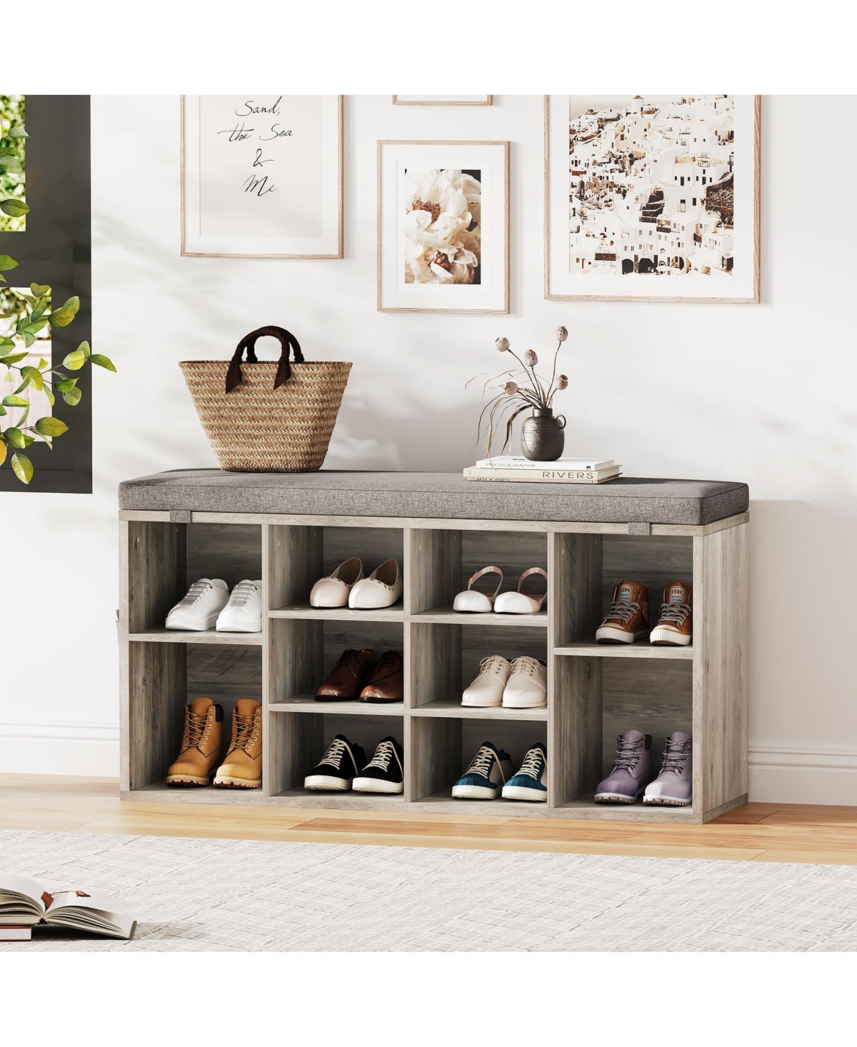 gaomon 41 Inches Entryway Shoe Storage Cabinet Bench with 10 Cubbies,Shoe Rack with Cushion