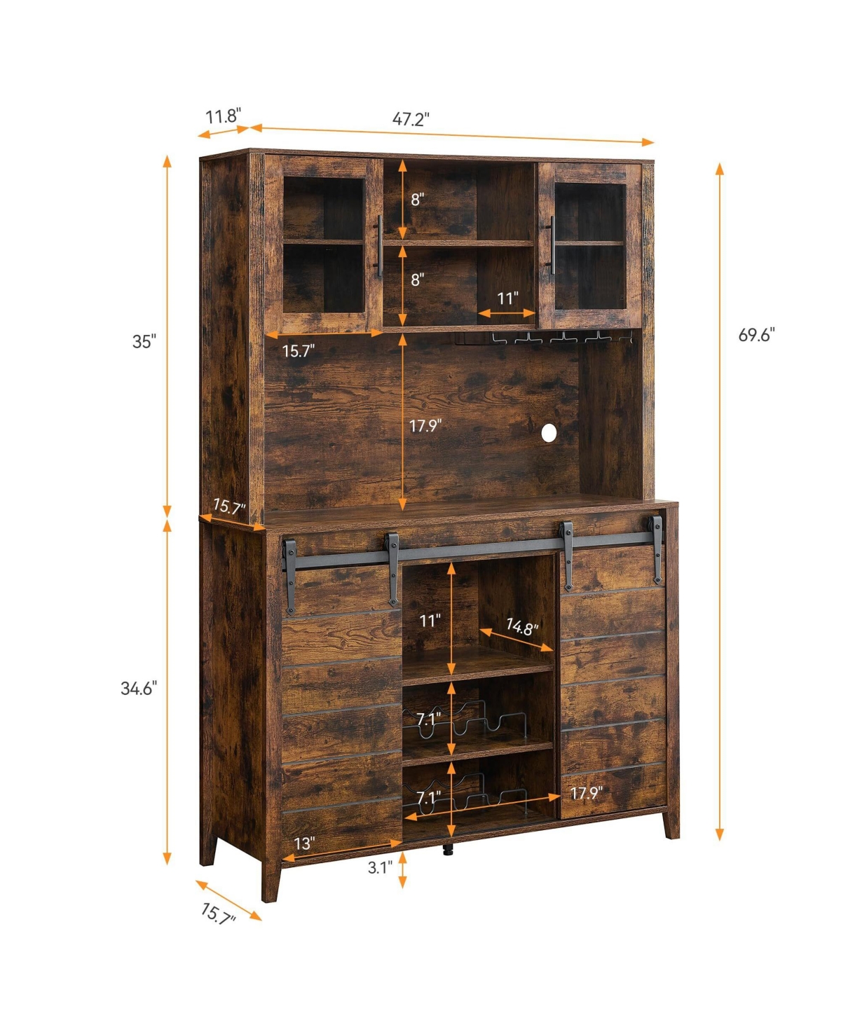 gaomon 70'' Tall Farmhouse Coffee Bar Cabinet, Kitchen Hutch Storage with Sliding Barn Door, Kitchen Buffet with Wine Rack, Glass Holder