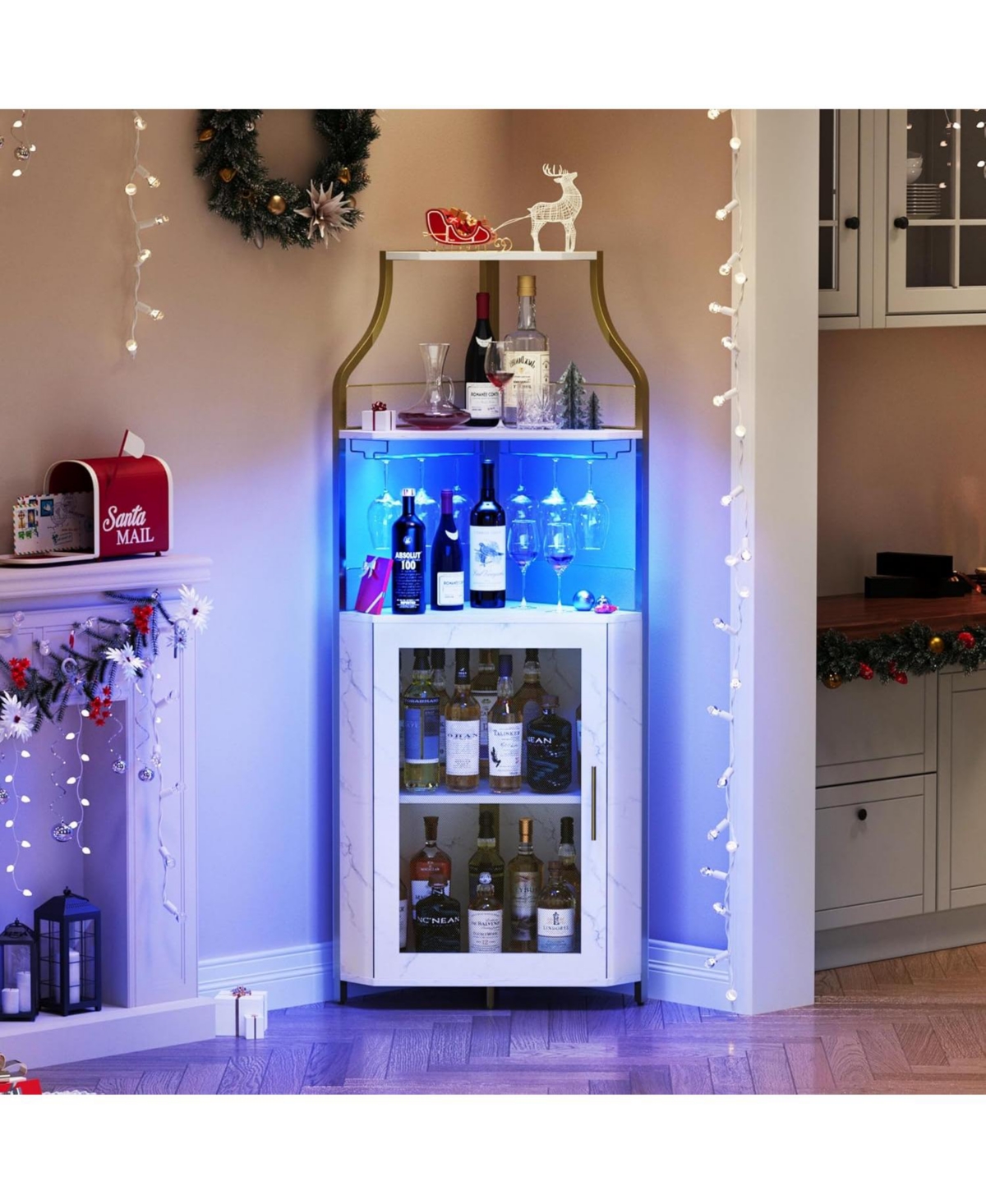 gaomon Corner Bar Cabinet - Wine Bar Cabinet with Led Strip and Glass Holder 5-Tiers Storage Space Corner Liquor Cabinet Industrial Wine Cabinet for S