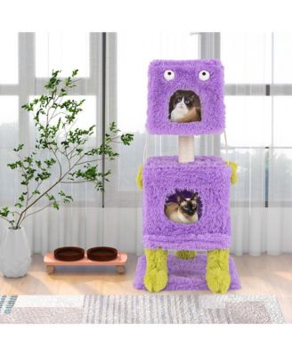 Cat Tree Cute Monster-Themed Cat Tower w/ 2 Private Condos & Soft Long Plush