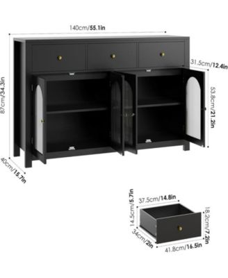 Buffet Cabinet with Storage, 55.1" Large Sideboard Buffet Cabinet, Farmhouse Kitchen Cabinet Display Cabinet with 3 Drawers and 4 Doors, Wood Coffee Bar Cabinet for Kitchen Dining Room,Black
