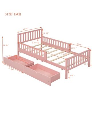 Wood Platform Bed with Guardrails on Both Sides and Two Storage Drawers