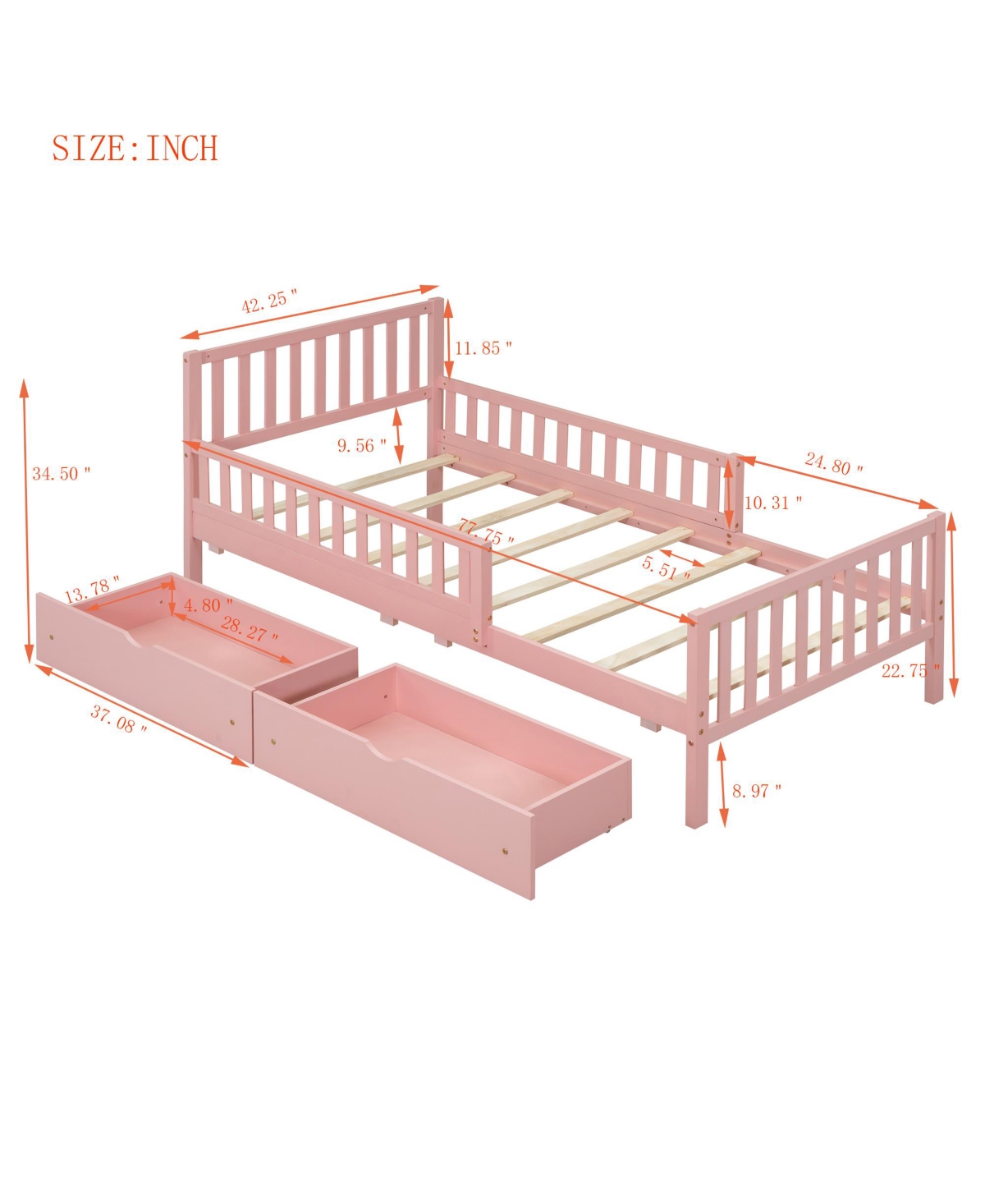 Wood Platform Bed with Guardrails on Both Sides and Two Storage Drawers