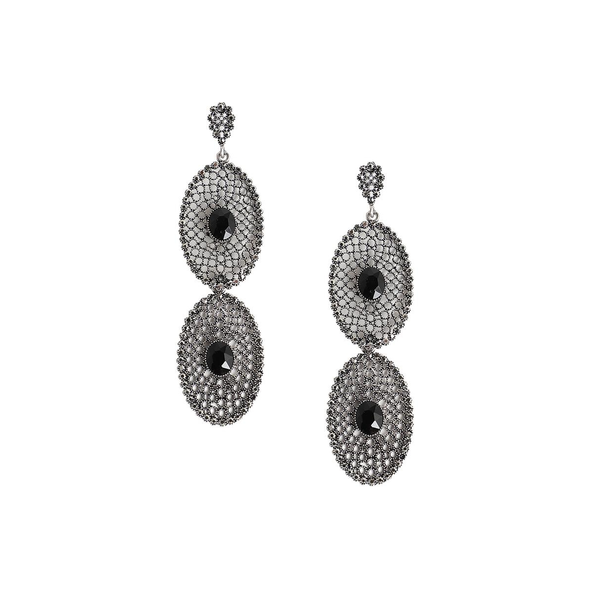 Sohi Intricate Stone Oval Long Drop Earrings In Black