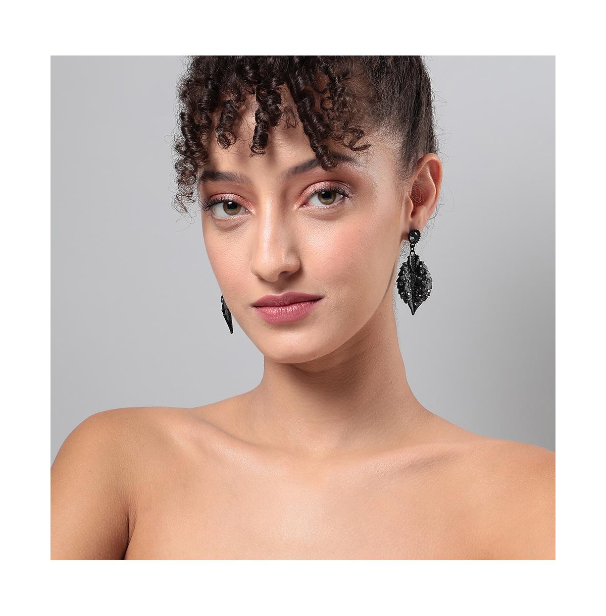 Sohi Embellished Leaf Drop Earrings In Black