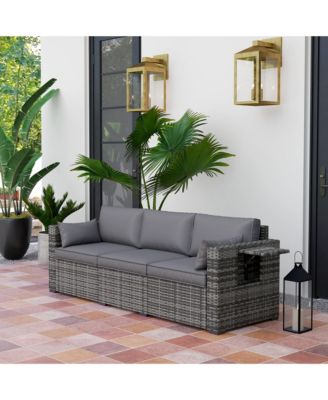3-Seat Wicker Sofa w/ Side Trays, Outdoor Patio Couch, Mixed