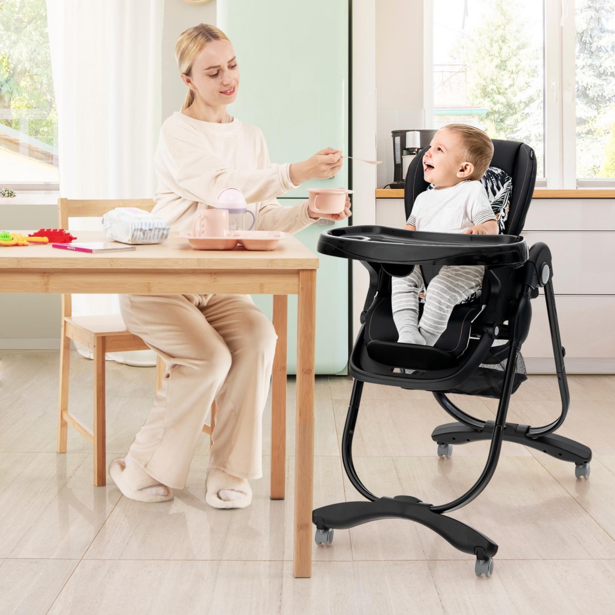 Gouun Multifunctional Folding Baby High Chair with Rolling Wheels and Adjustable Height