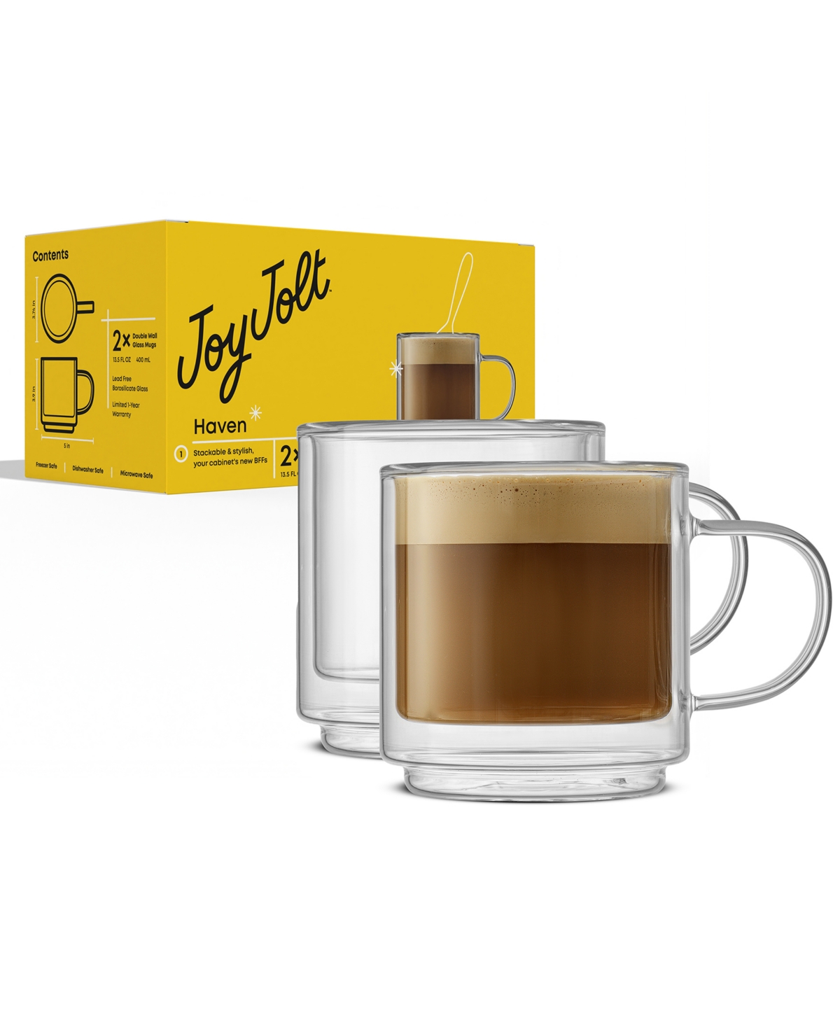 Joyjolt Haven Stackable Double Wall Glass Mugs, Set Of 2 In Clear
