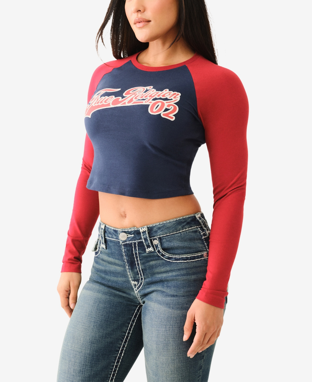 Shop True Religion Women's Contrast Raglan T-shirt In Dress Blue,red Dahlia
