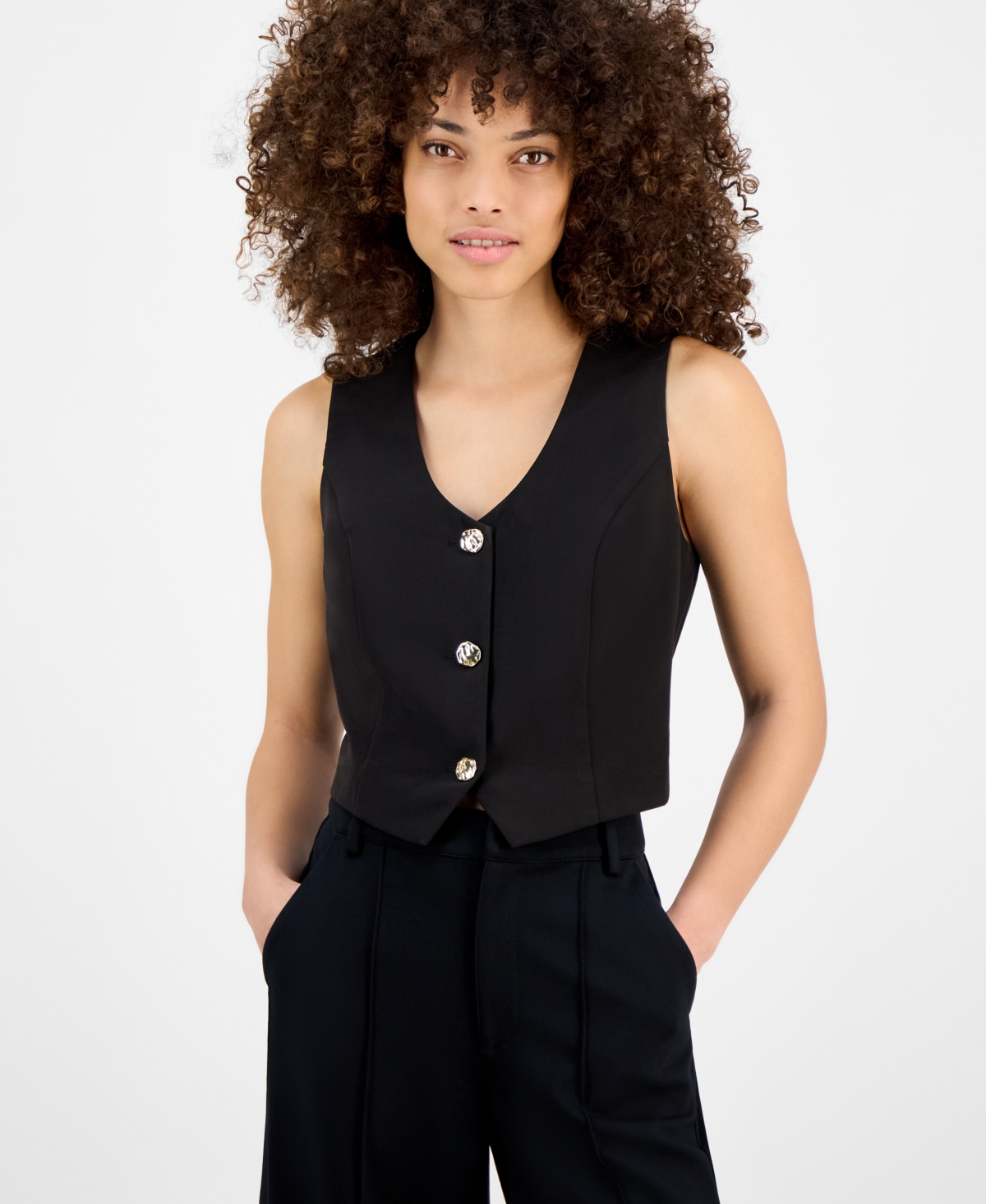 Bar Iii Petite V-neck Button-front Cropped Vest, Exclusively At Macy's In Deep Black