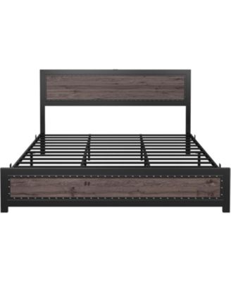 Queen Size Bed Frame with Headboard, Industrial Platform Bed Frame with Charging Station, No Box Spring Required, Easy to Assemble, Wooden Mattress Base