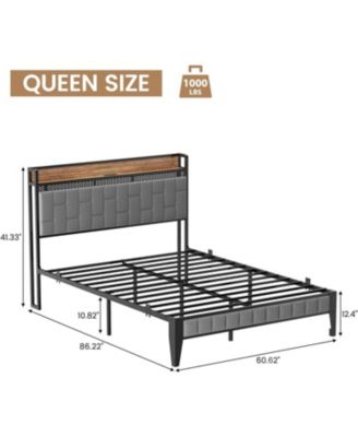 Queen Size Bed Frame with LED Light and Charging Station, Upholstered Platform Bed with Storage Headboard, Metal Slat, Noise Free, Easy Assembly