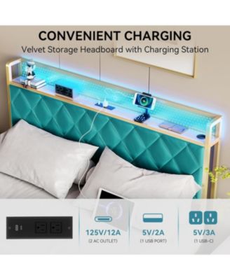King Bed Frame with Velvet Storage Headboard, Heavy Duty Steel Slats Support Metal Platform Bed Frame w/Charging Station & LED, APP   Remote Control, Noise-Free/No Box Spring Needed