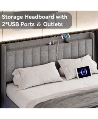 Queen Size Floating Bed Frame with LED Lights, Upholstered Platform Bed Frame with Charging Station & Storage Headboard, No Box Spring Needed