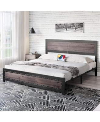 King Size Bed Frame with Headboard, Industrial Platform Bed Frame with Charging Station, No Box Spring Required, Easy to Assemble, Wooden Mattress Base