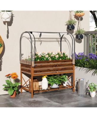 Metal Raised Garden Bed with Legs, Cover, and Storage Shelf,