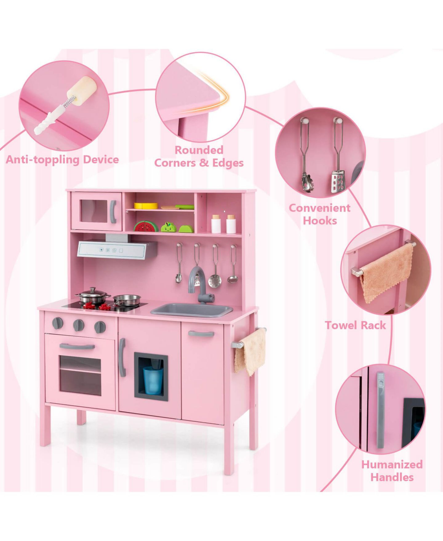 Детские игрушки Costway Chef Wooden 19-Piece Play Kitchen, Ages 3+, цвет: Розовый — фото 4