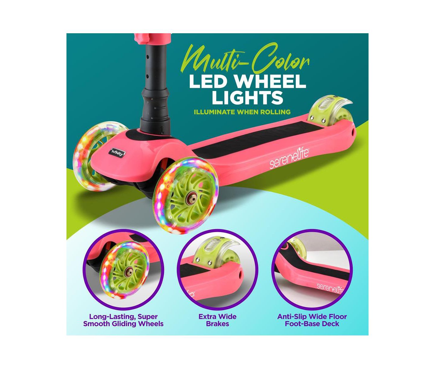 Детская игрушка SereneLife Infinity 3-Wheel Kids Scooter with LED Wheels & Adjustable Handlebar, 132 lb. Weight Capacity, Ages 2-7, цвет: Розовый — фото 3
