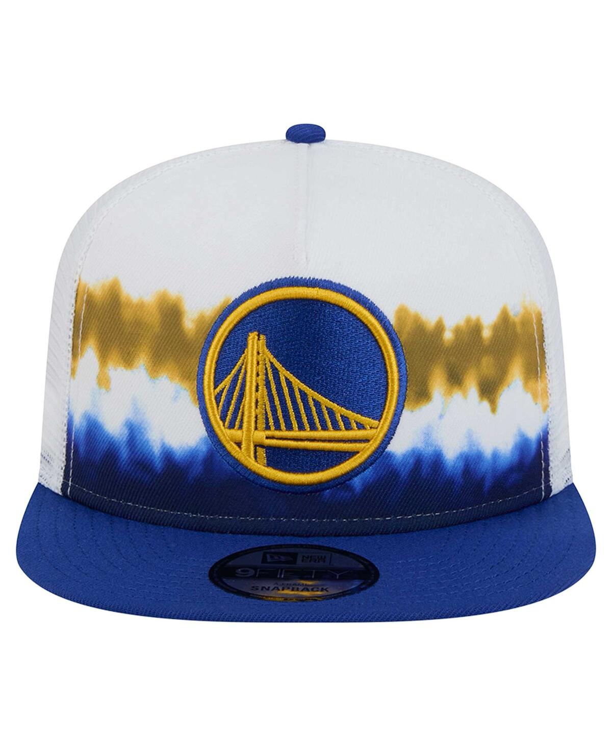 NEW ERA MEN'S WHITE/ROYAL GOLDEN STATE WARRIORS DIP-DYE 9FIFTY A-FRAME TRUCKER SNAPBACK HAT 