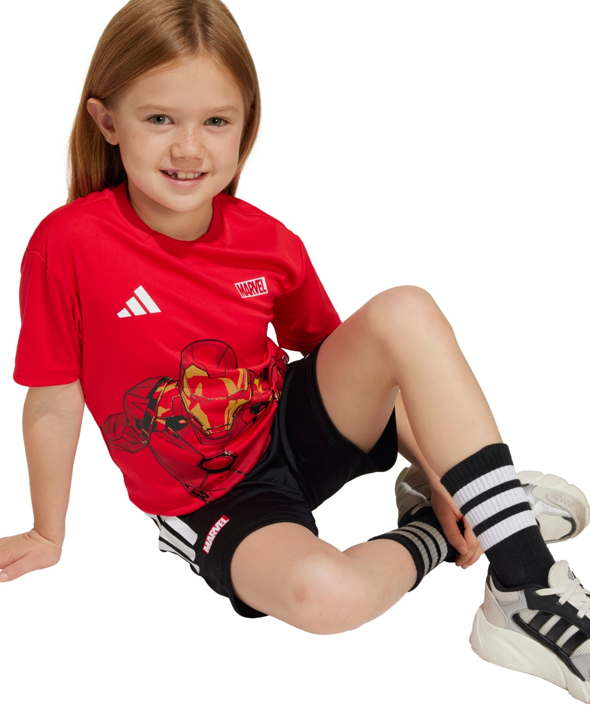Adidas Originals Juniors Marvel Iron-man Shorts And T-shirt, 2-piece Set In Pure Ruby,white