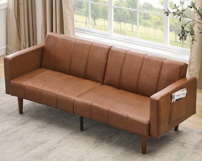 75" Futon Sofa Bed, Mid-Century Modern Futon Couch, Convertible Sleeper Sofa with Adjustable Backrest, Loveseat, Small Sofa with Side Pockets, PU Leather Sofa Couch for Living Room, Brown