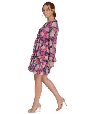 Women's Printed Ruffled Blouson-Sleeve Shift Dress