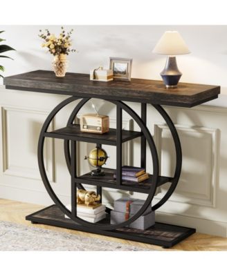 41.3" Console Table, Industrial 4-Tier Sofa Table Entryway Table with Circle Base, Narrow Wood Accent Tables with Shelves, Light Brown