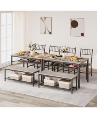 Dining Table Set for 4 Kitchen Table With Bench & 2 Chairs 4-Piece Dining Table Set w/ Storage Wine Rack Rectangular Dining Furniture Set With Chairs and Bench for Small Space, Apartment