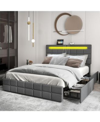 Upholstered LED Bed Frame with Headboard and 4 Drawers-Full Size