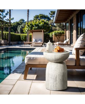 Rustic Off White and Gray Round 19.7-Inch Tall MgO Side Table, Indoors and Outdoors