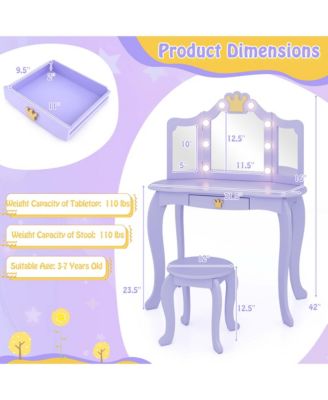 Kids Vanity Set Princess Vanity Table & Chair Set with Lighted Mirror
