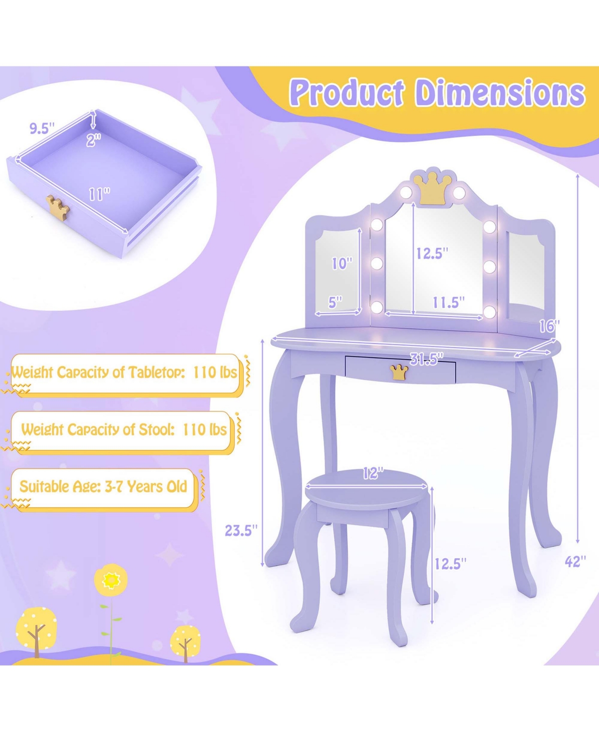 Costway Kids Vanity Set Princess Vanity Table & Chair Set with Lighted Mirror