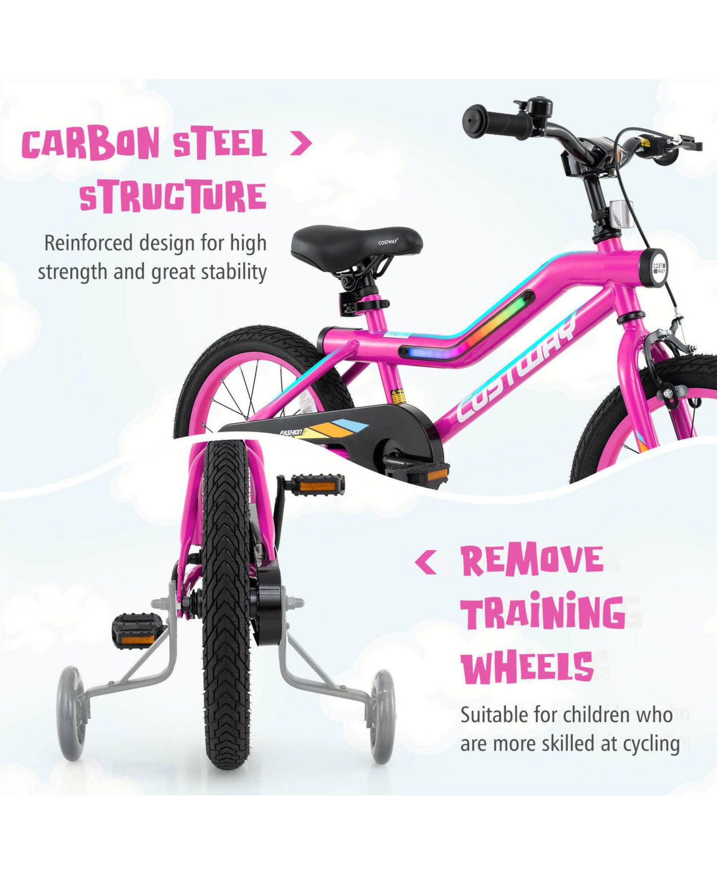 Детская игрушка Costway Aurora Spark I 16" LED-Lighted Coaster-Brake Kids Bike with Training Wheels, 145 lb Capacity, 4–7 лет, цвет: Розовый — фото 8