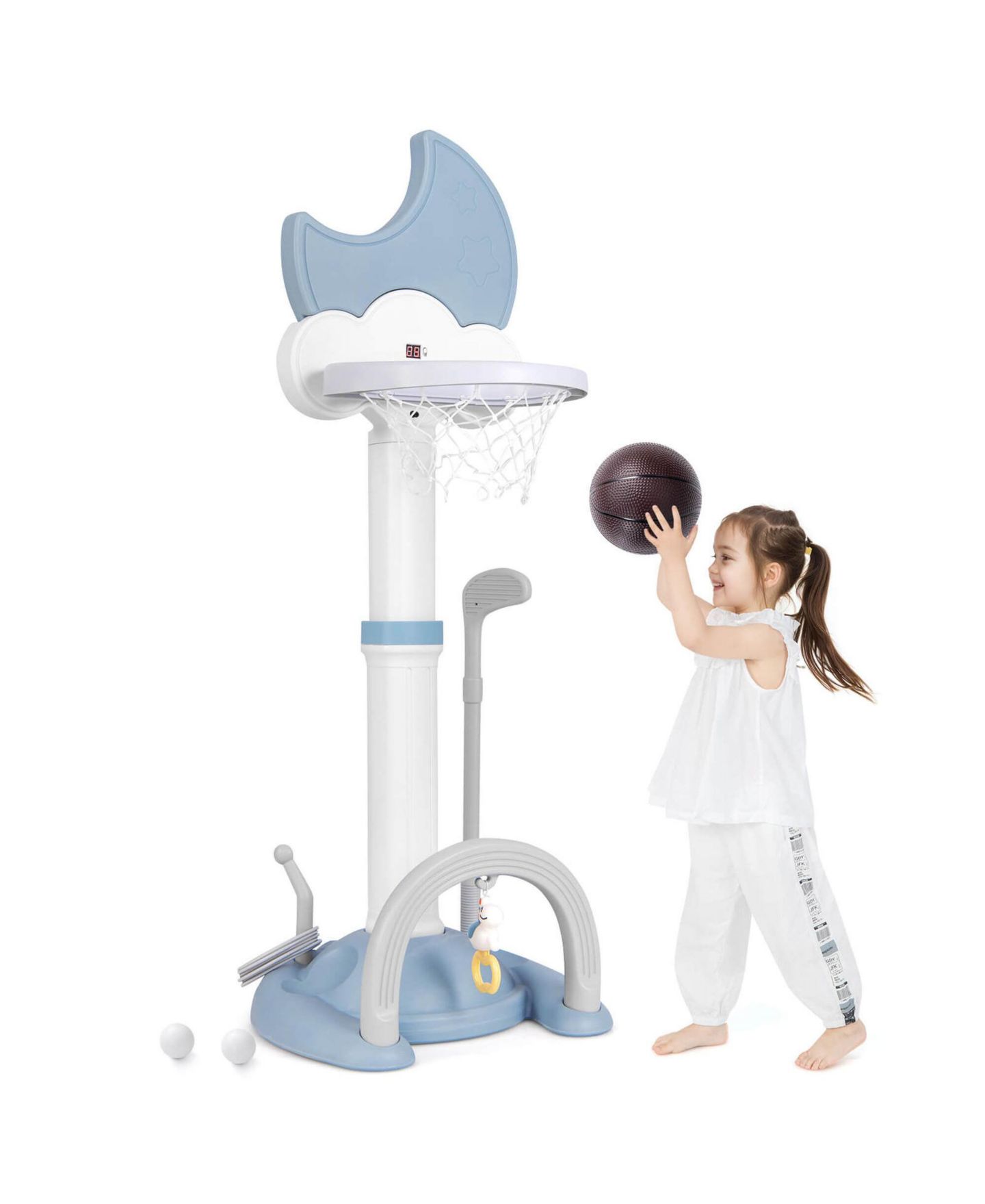 Детские игрушки Costway 4-in-1 Toddlers Basketball Hoop with Soccer Golf and Ring Toss Game, цвет: Синий — фото 9
