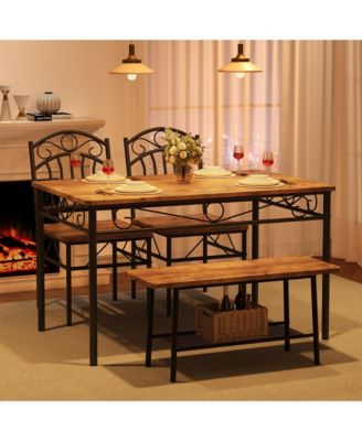 Industrial Dining Table Set for 4,Kitchen Table with Chairs Set of 4,Kitchen Table Set with 2 Chairs and Bench,4 Piece Dining Room Table Set for Small Space, Apartment, Restaurant
