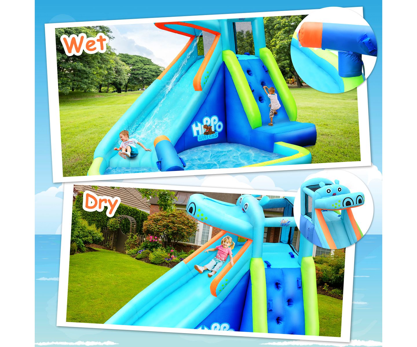 Детская игрушка Costway Inflatable Kids Hippo Bounce House Slide Climbing Wall Splash Pool w/, цвет: Синий — фото 7