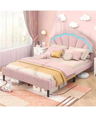 Queen Size Upholstered LED Bed Frame with Adjustable Flower Headboard and Metal Support Legs