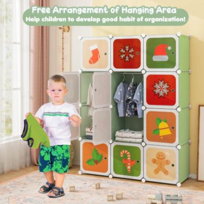 12-Cube Kids Wardrobe Baby Dresser Bedroom Armoire Clothes Hanging Closet with Doors