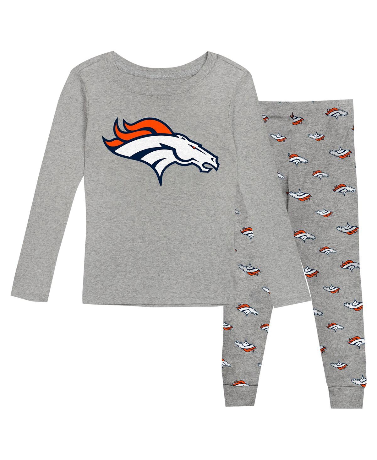 Outerstuff Big Boys And Girls Denver Broncos Long Sleeve T-shirt And Pants Sleep Set In Heather Gray