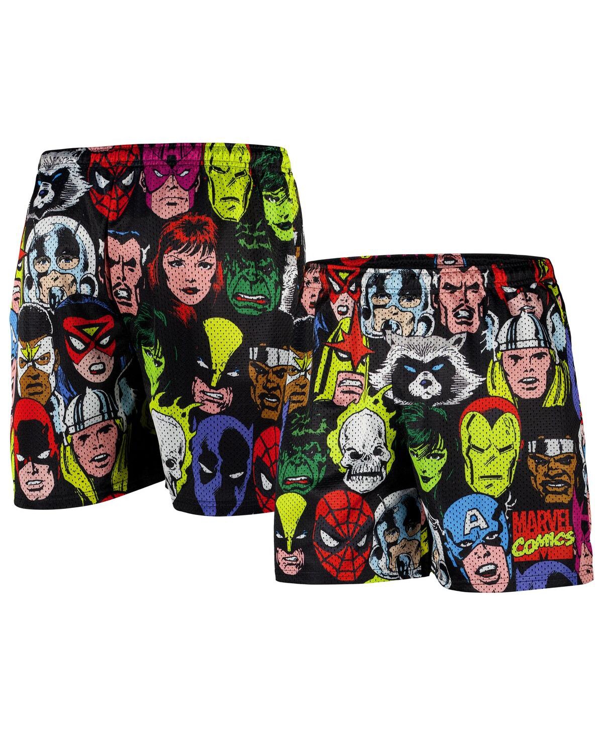 Men's Black Marvel Heroes Heads Retro Shorts - Black