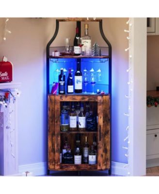 Corner Bar Cabinet with LED Lights, Industrial Liquor Cabinet with Adjustable Shelf, 5-Tier Industrial Wine Cabinet with Glass Holder, Home Bar Cabinet, Coffee Bar Cabinet