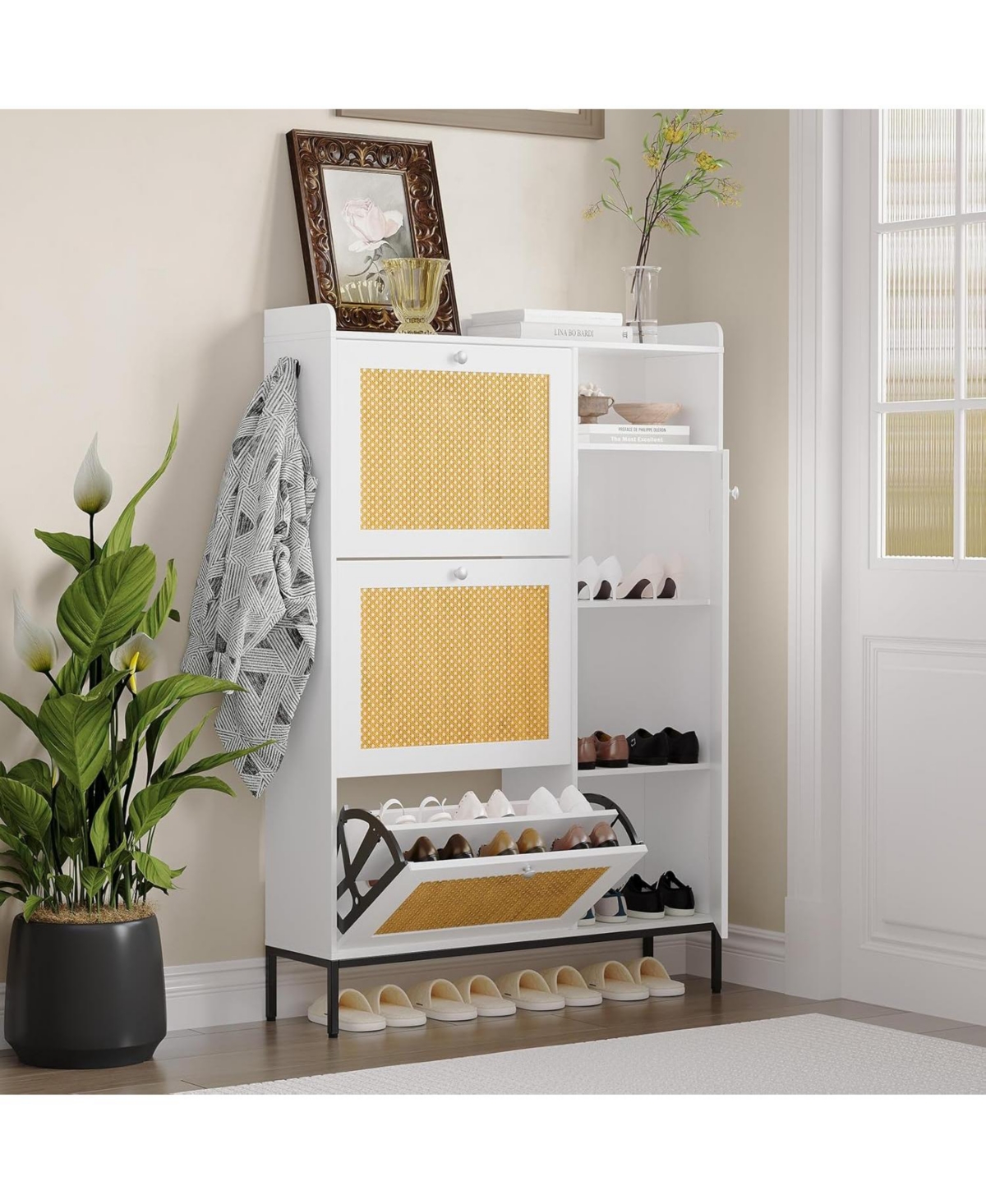 Shoe Cabinet Rattan with 3 Flip Drawers and 4-Tier Shoe Storage Cabinet, Freestanding Shoe Organizer with Adjustable Shelves for Entryway, Clos