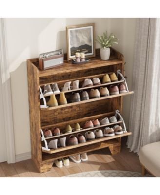 Shoe Storage Cabinet with 2 Flip Drawers, Narrow Shoe Cabinet for Entryway, Freestanding Hidden Slim Shoe Organizer Cabinet with Hooks for Foyer, Hallway, Garage