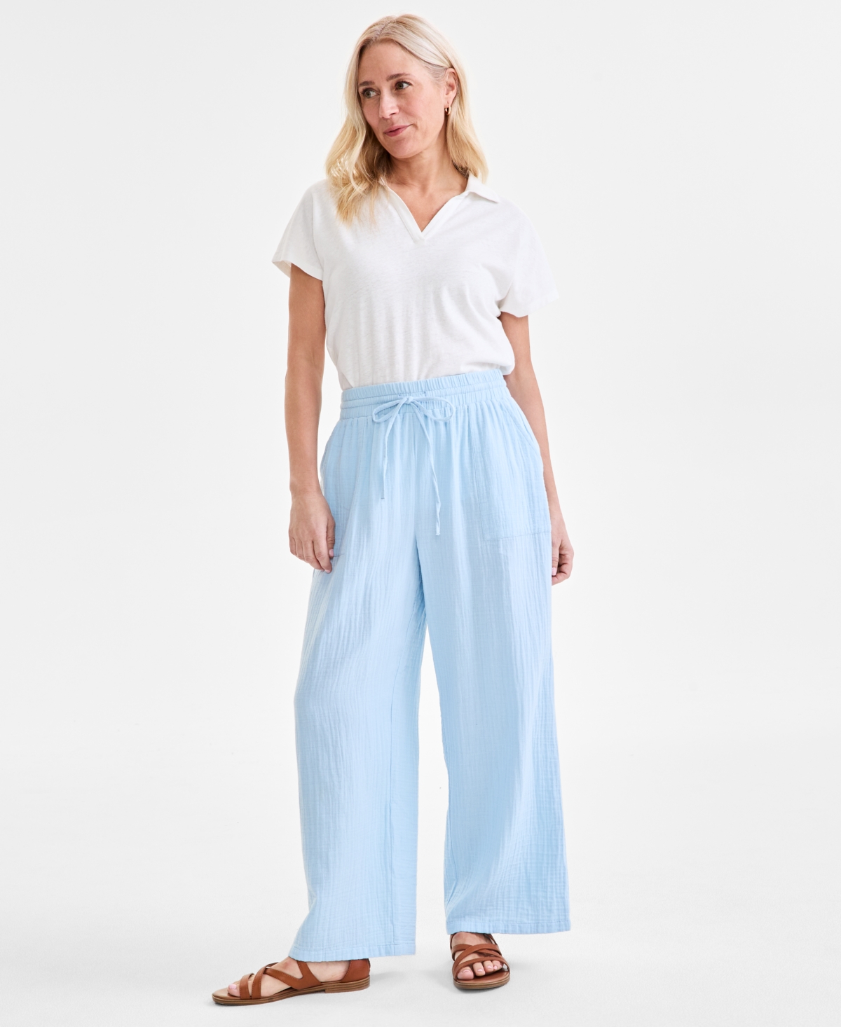 STYLE & CO WOMEN'S COTTON GAUZE WIDE-LEG PANTS, CREATED FOR MACY'S 