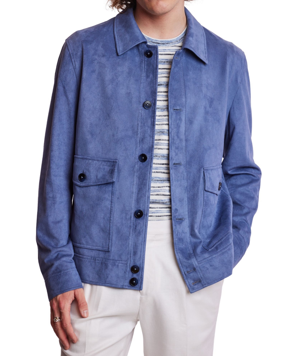Men's Buttoned Bomber Jacket - Soft Blue Micro Suede